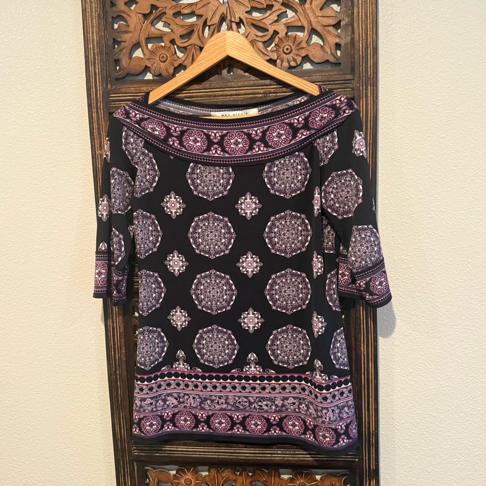 Max Studio Black and Purple Medallion Boatneck Top